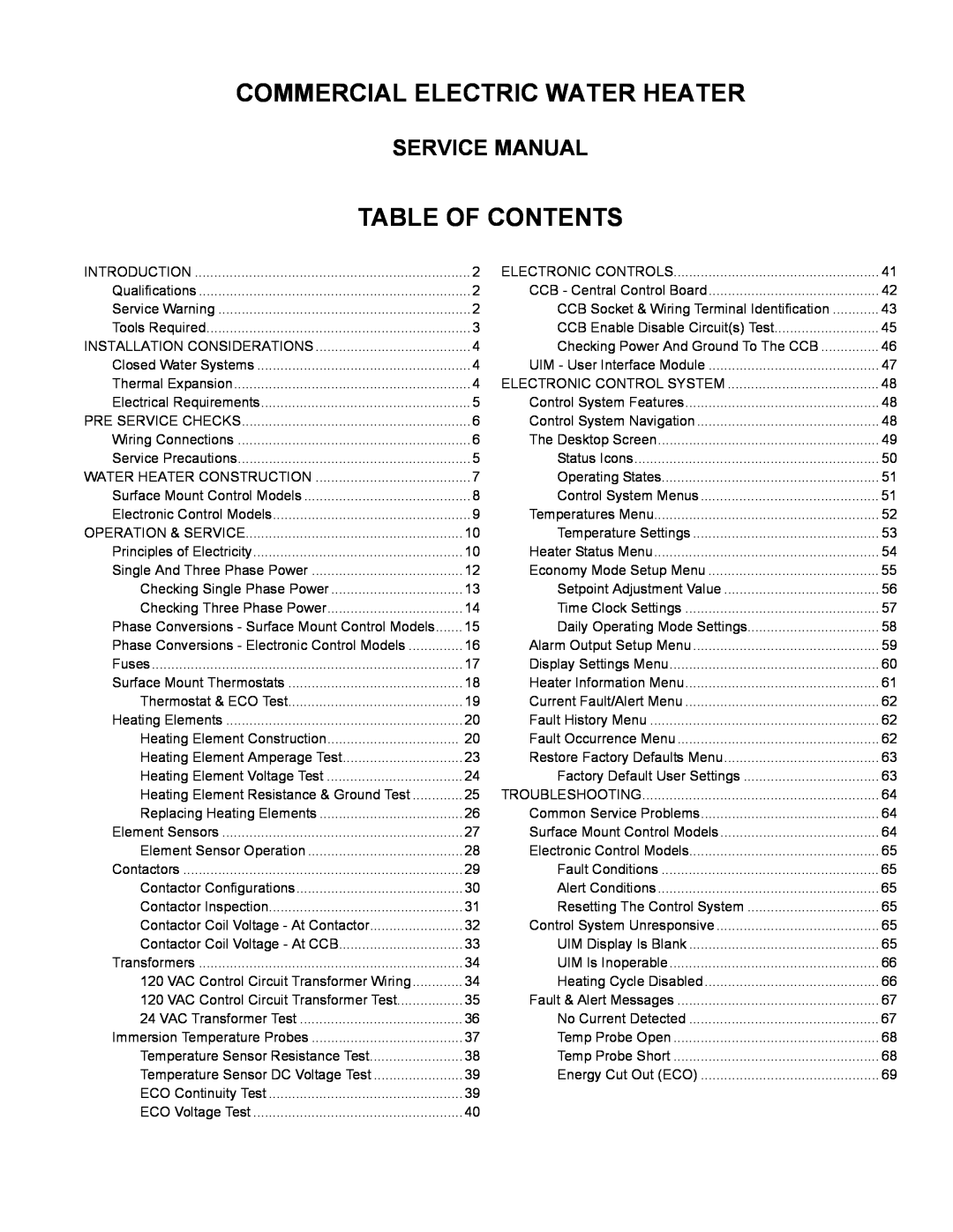 American Water Heater STCE3-52/80/119, ITCE3-52/80/119 Commercial Electric Water Heater, Table Of Contents, Service Manual 