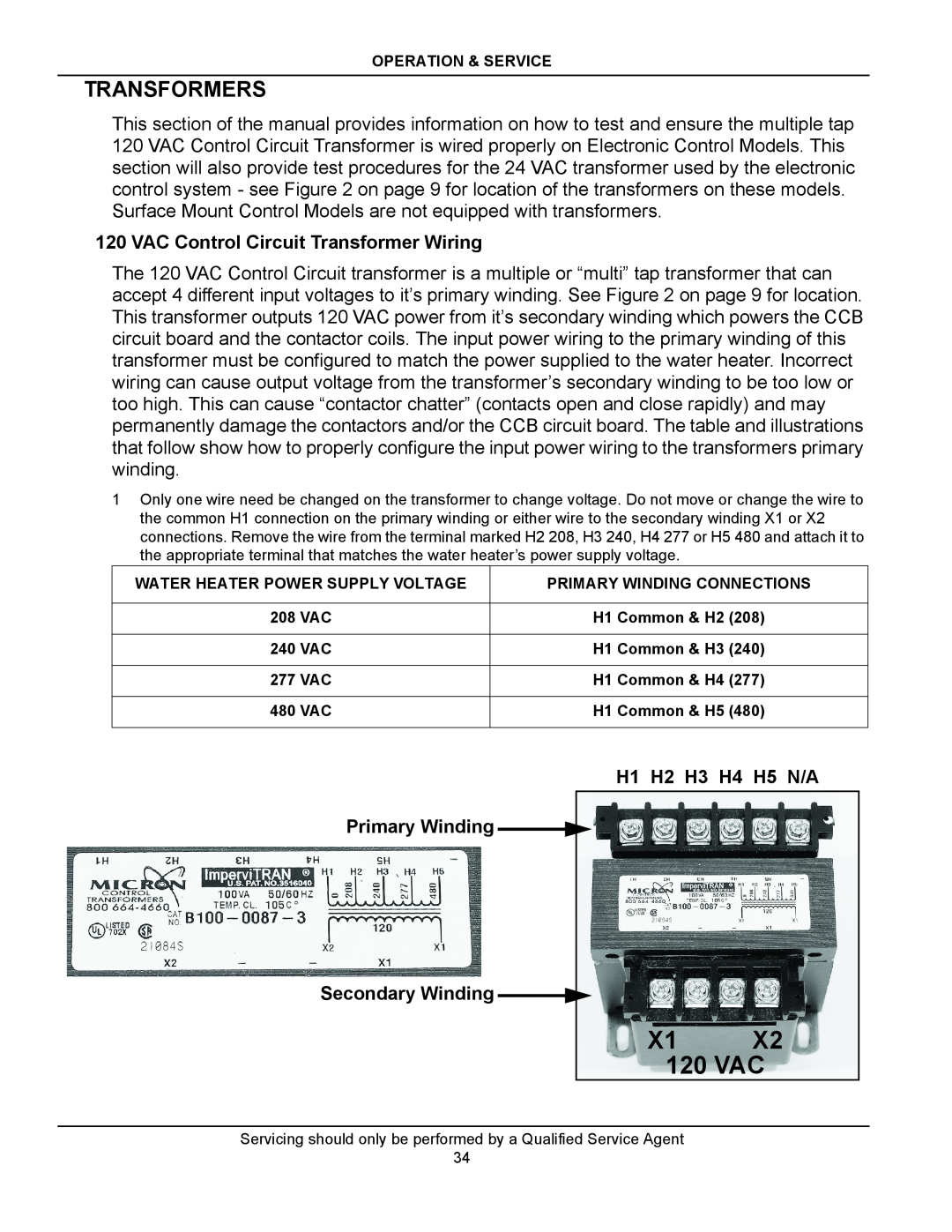 American Water Heater STCE3-52/80/119, ITCE3-52/80/119 X1 120 VAC, Transformers, VAC Control Circuit Transformer Wiring 