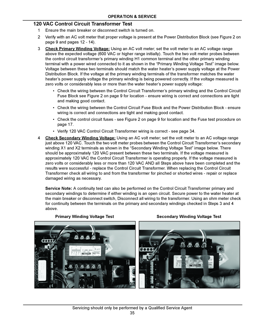 American Water Heater ITCE3-52/80/119, STCE3-52/80/119 manual VAC Control Circuit Transformer Test, Operation & Service 