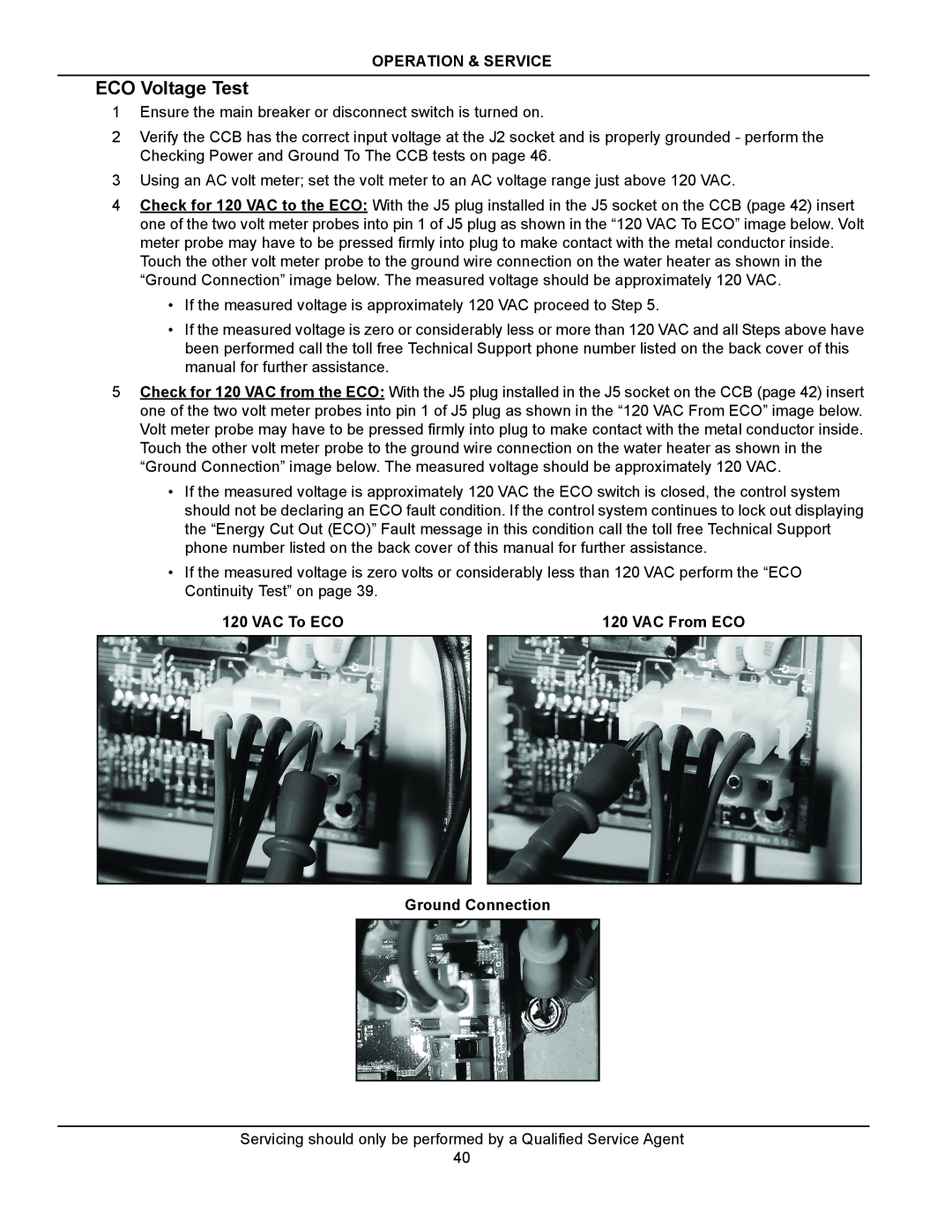 American Water Heater STCE3-52/80/119 ECO Voltage Test, Operation & Service, VAC To ECO, VAC From ECO, Ground Connection 