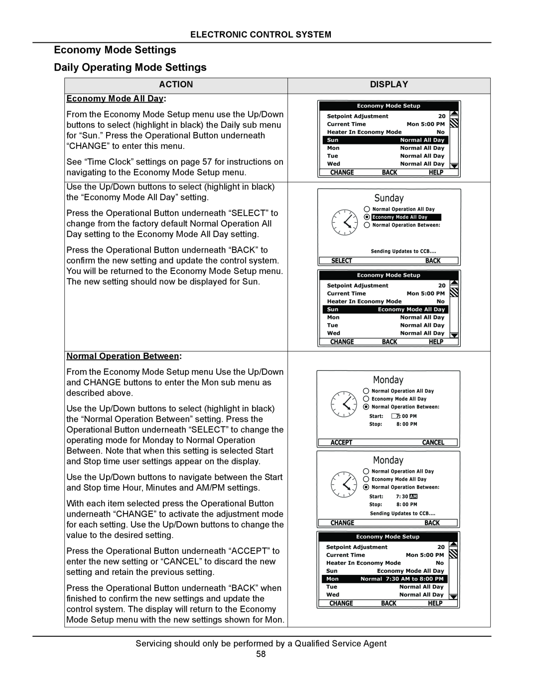 American Water Heater STCE3-52/80/119 manual Economy Mode Settings Daily Operating Mode Settings, Electronic Control System 