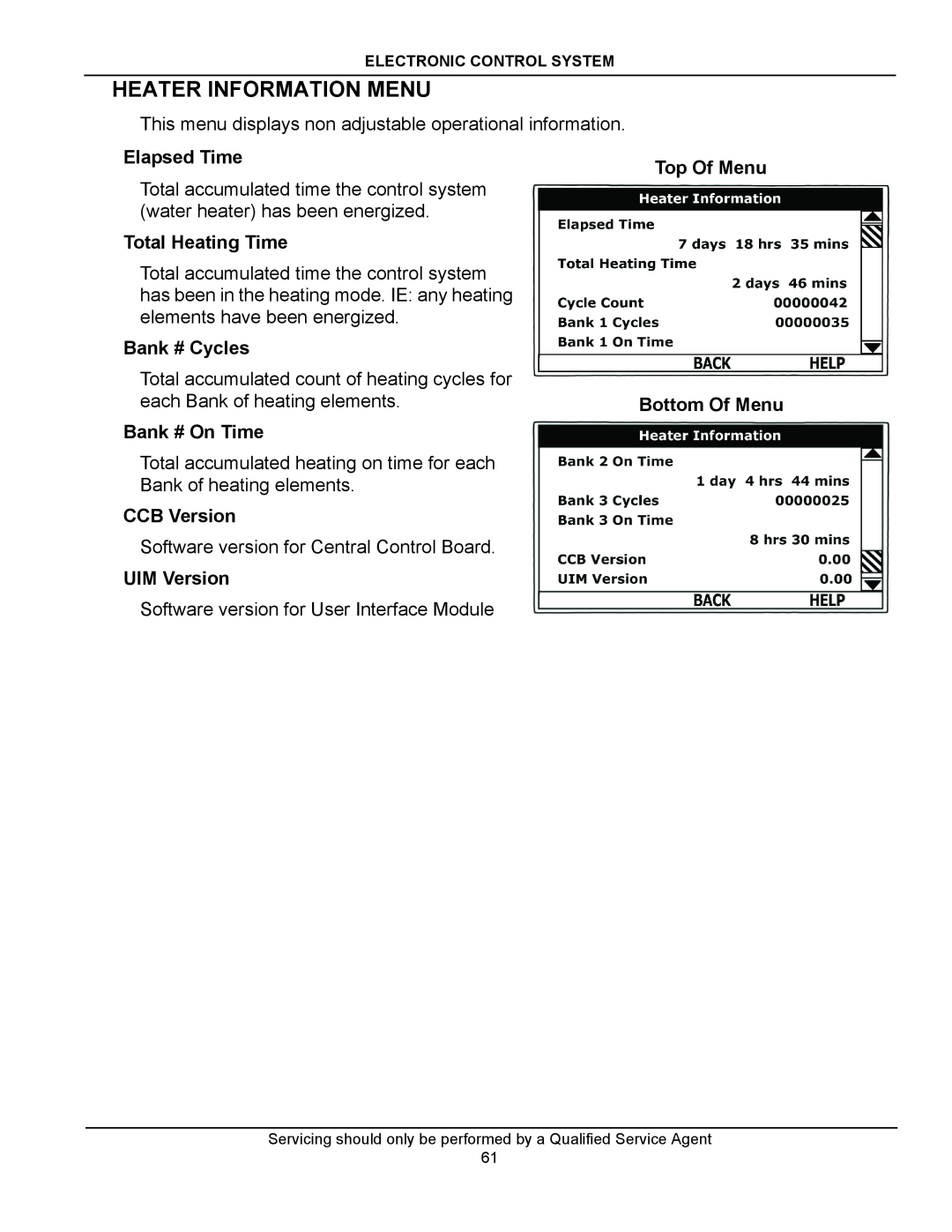 American Water Heater STCE3-52/80/119 manual Heater Information Menu, Elapsed Time, Total Heating Time, Bank # Cycles 