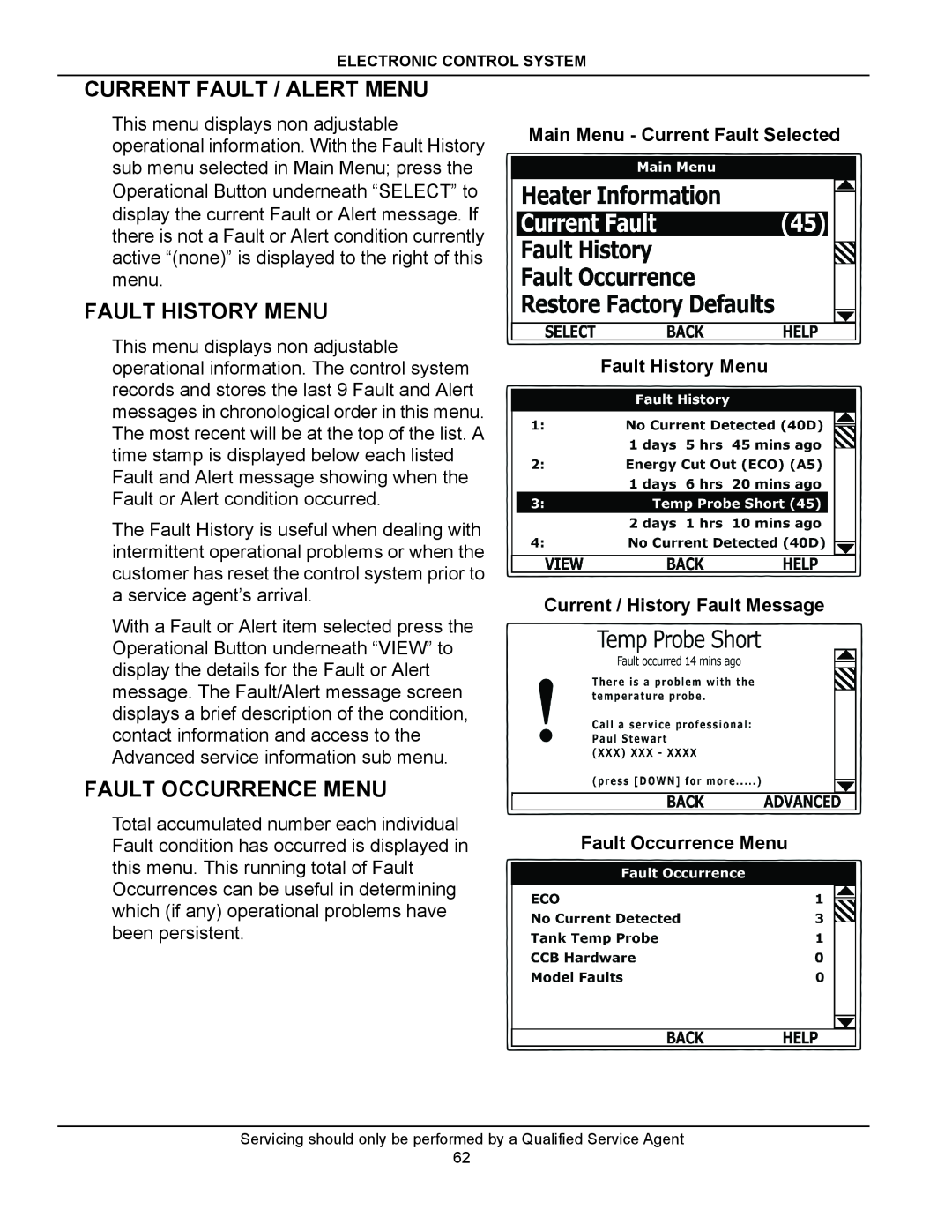 American Water Heater ITCE3-52/80/119 manual Current Fault / Alert Menu, Fault History Menu, Fault Occurrence Menu 