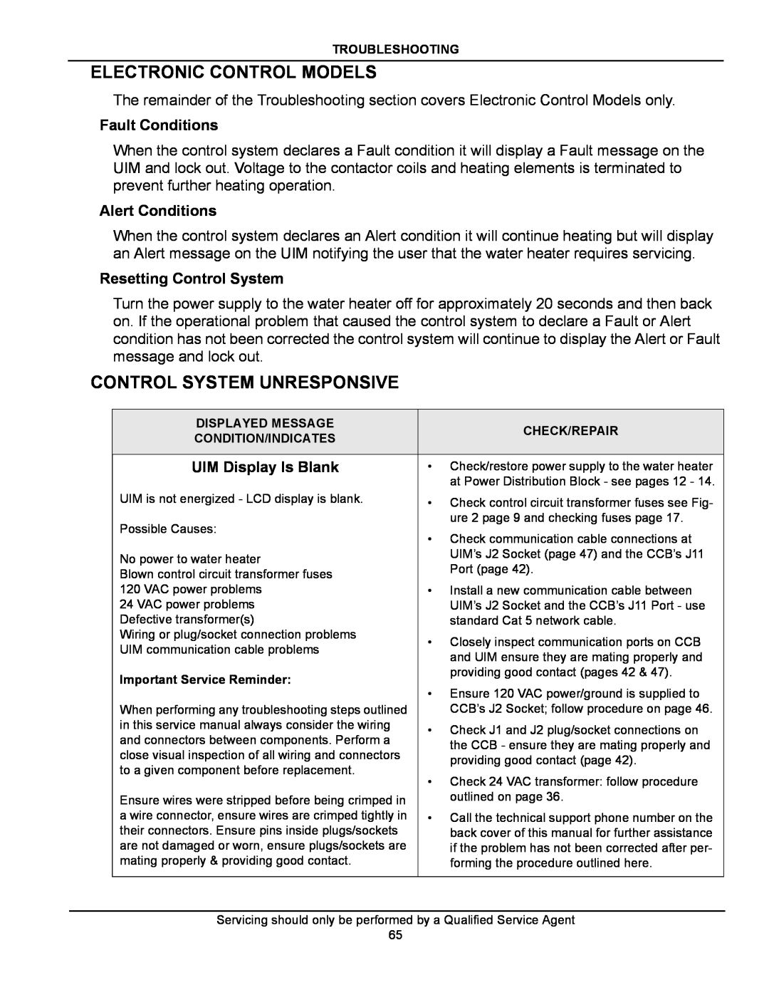 American Water Heater ITCE3-52/80/119, STCE3-52/80/119 Control System Unresponsive, Fault Conditions, Alert Conditions 