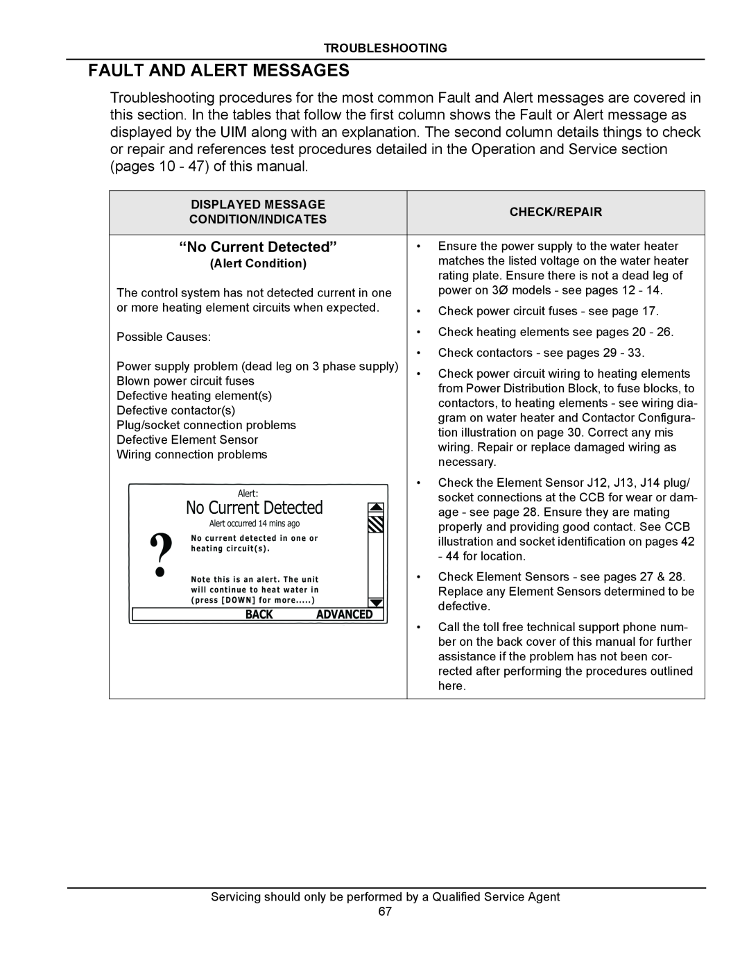 American Water Heater STCE3-52/80/119, ITCE3-52/80/119 manual Fault And Alert Messages, “No Current Detected” 