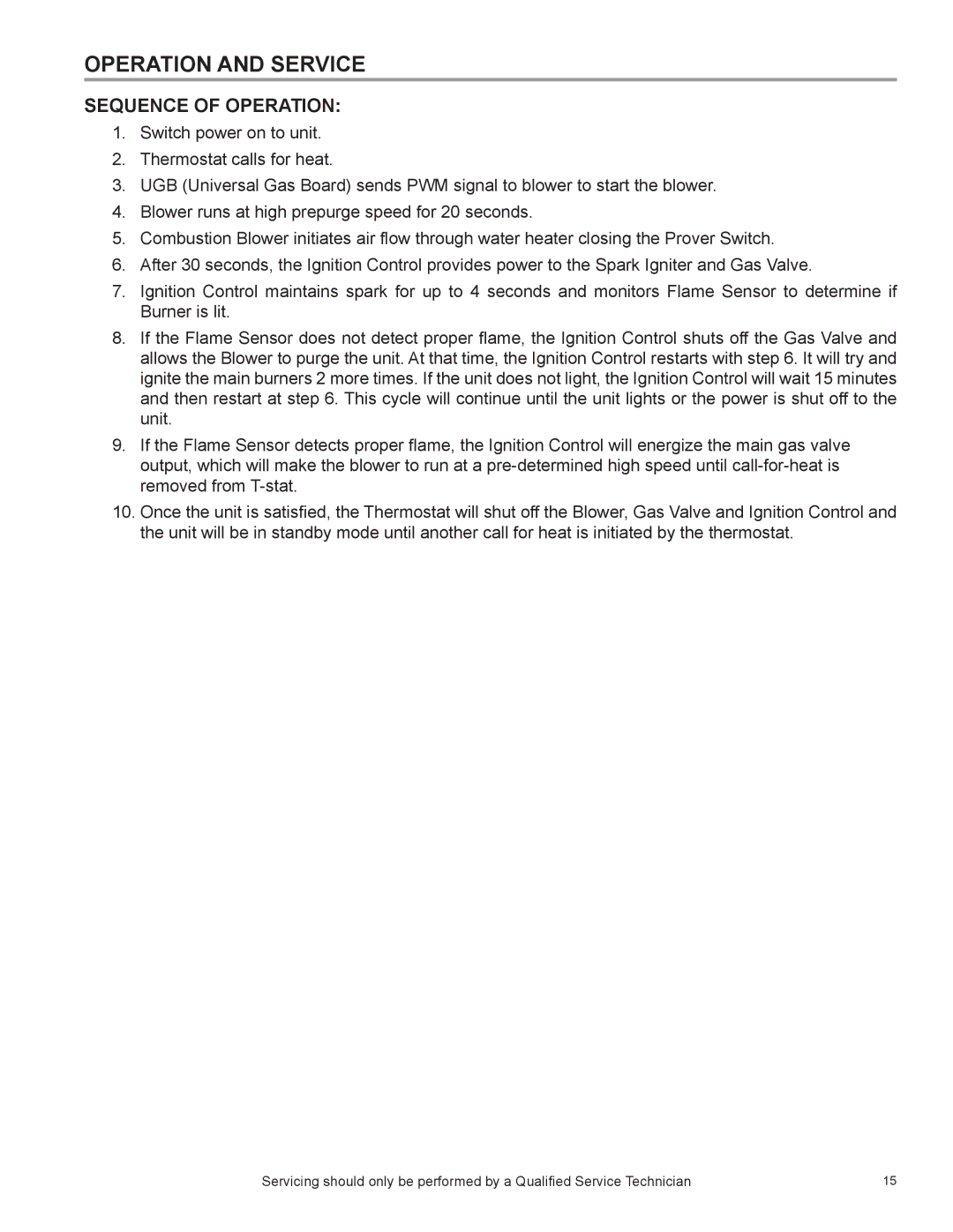 American Water Heater 381T1546NOX, ULTRA LOW NOx SERIES 104, BCL, 381T1206NOX Operation and Service, Sequence of Operation 