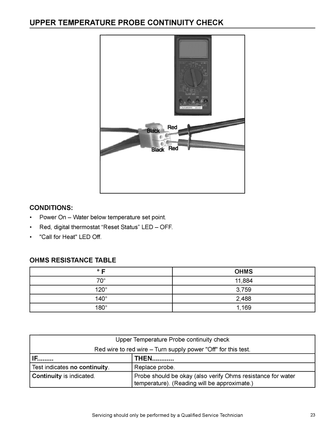 American Water Heater 395T1806NOX, BCL, 381T1206NOX manual Upper Temperature Probe Continuity Check, Ohms Resistance Table 