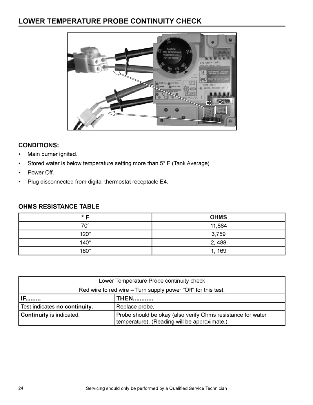 American Water Heater 395T1996NOX, ULTRA LOW NOx SERIES 104, BCL, 381T1206NOX manual Lower Temperature Probe Continuity Check 