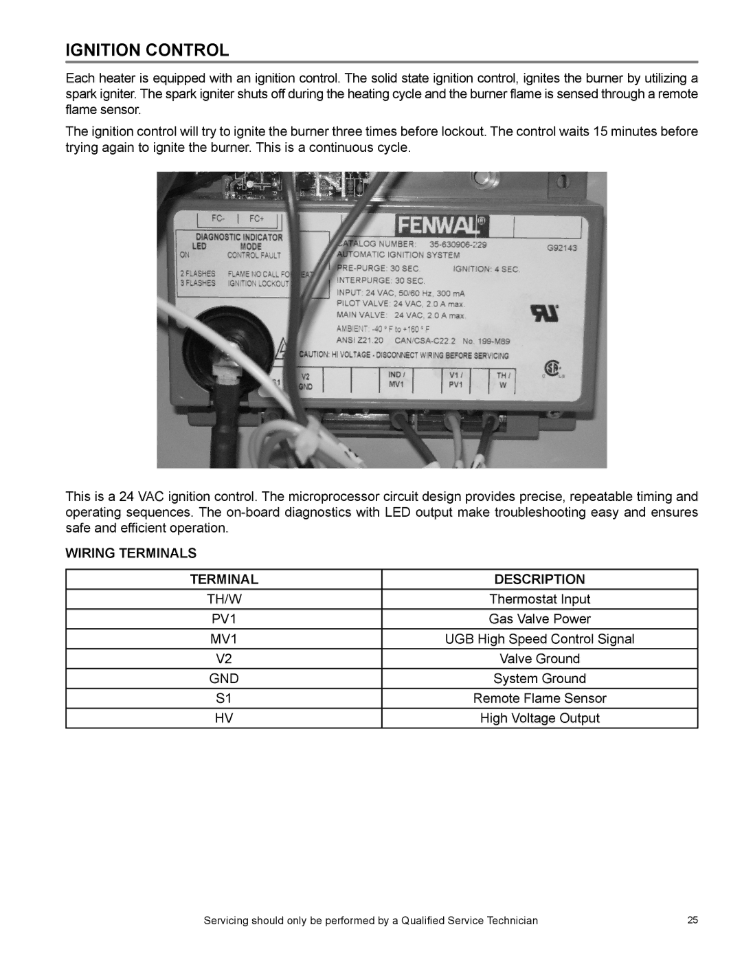 American Water Heater 395T2506NOX, ULTRA LOW NOx SERIES 104, BCL, 381T1206NOX Ignition Control, Wiring Terminals Description 