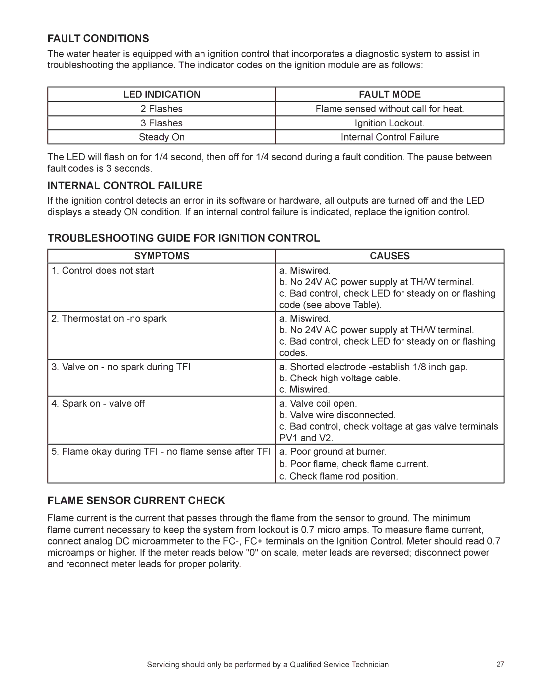 American Water Heater BCL manual Fault Conditions, Internal Control Failure, Troubleshooting Guide for Ignition Control 