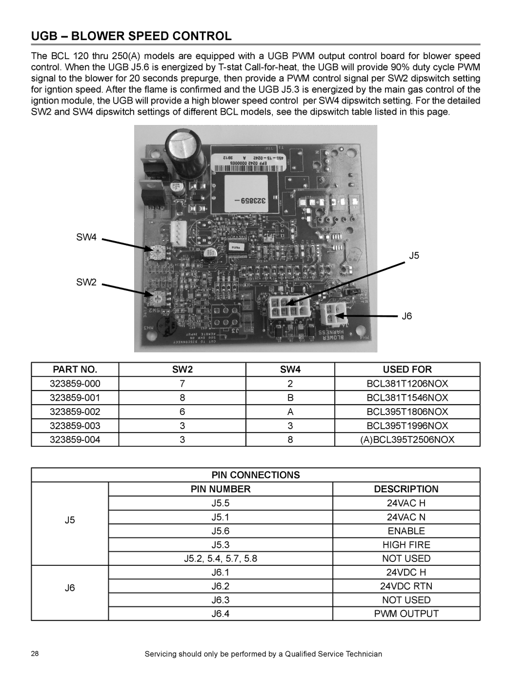 American Water Heater 381T1206NOX, BCL UGB Blower Speed Control, SW2 SW4 Used for, PIN Connections PIN Number Description 