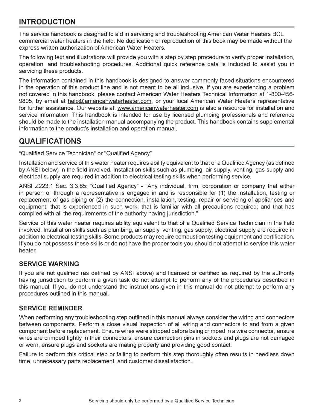 American Water Heater 395T1806NOX, BCL, 381T1206NOX manual Introduction, Qualifications, Service Warning, Service Reminder 