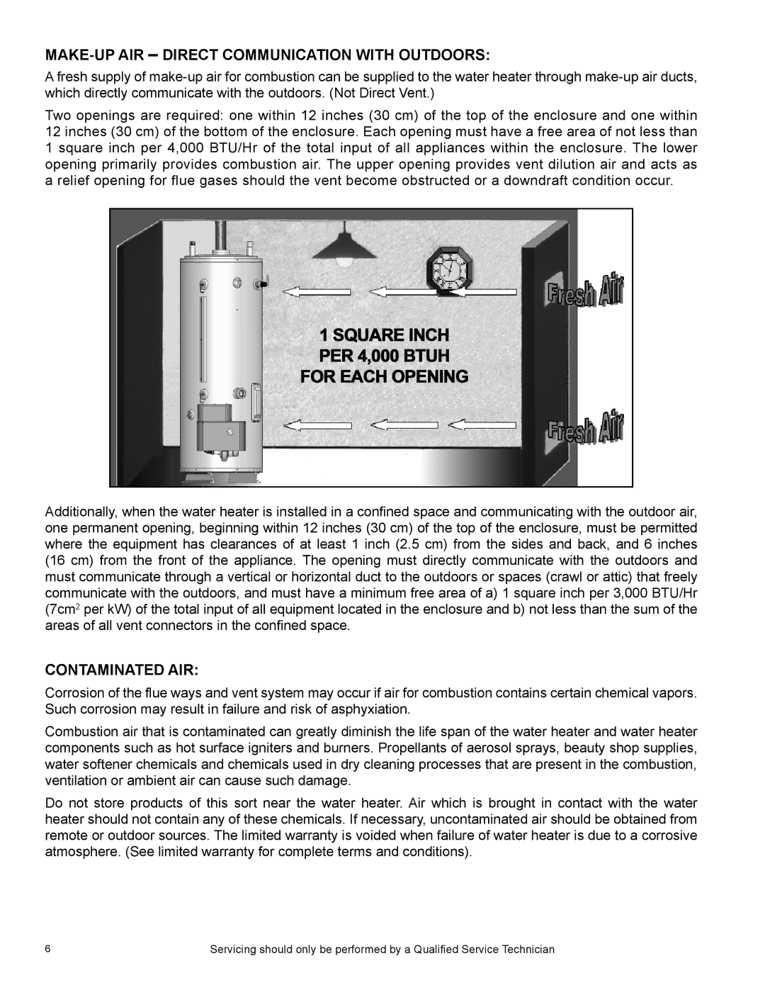 American Water Heater BCL, ULTRA LOW NOx SERIES 104 manual MAKE-UP AIR Direct Communication with Outdoors, Contaminated AIR 