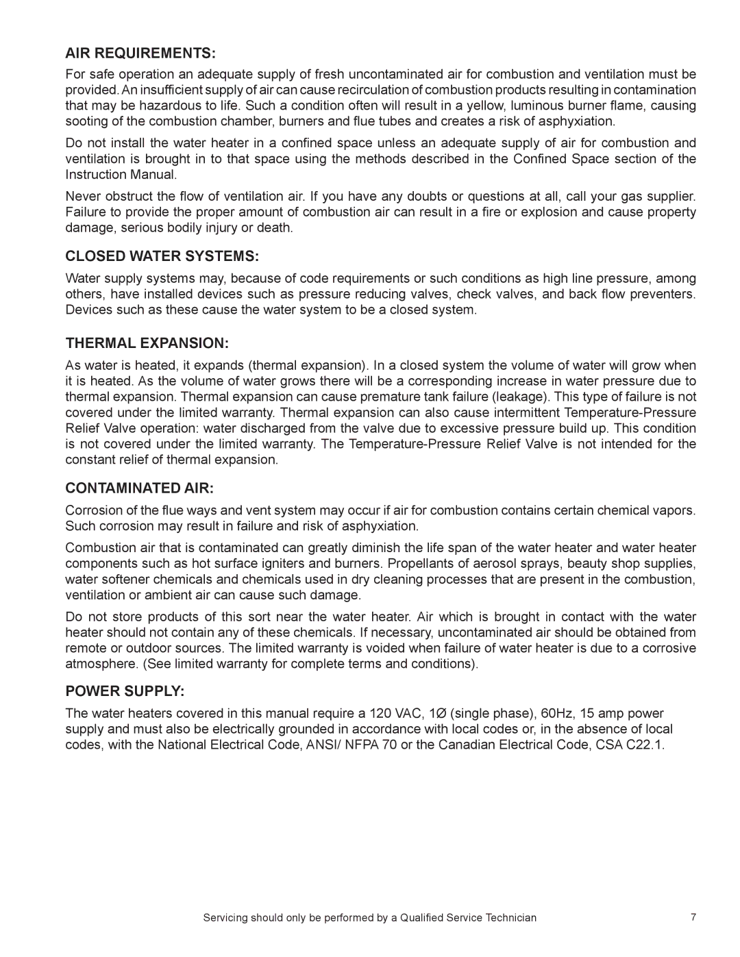 American Water Heater 381T1206NOX, BCL, 381T1546NOX AIR Requirements, Closed Water Systems, Thermal Expansion, Power Supply 