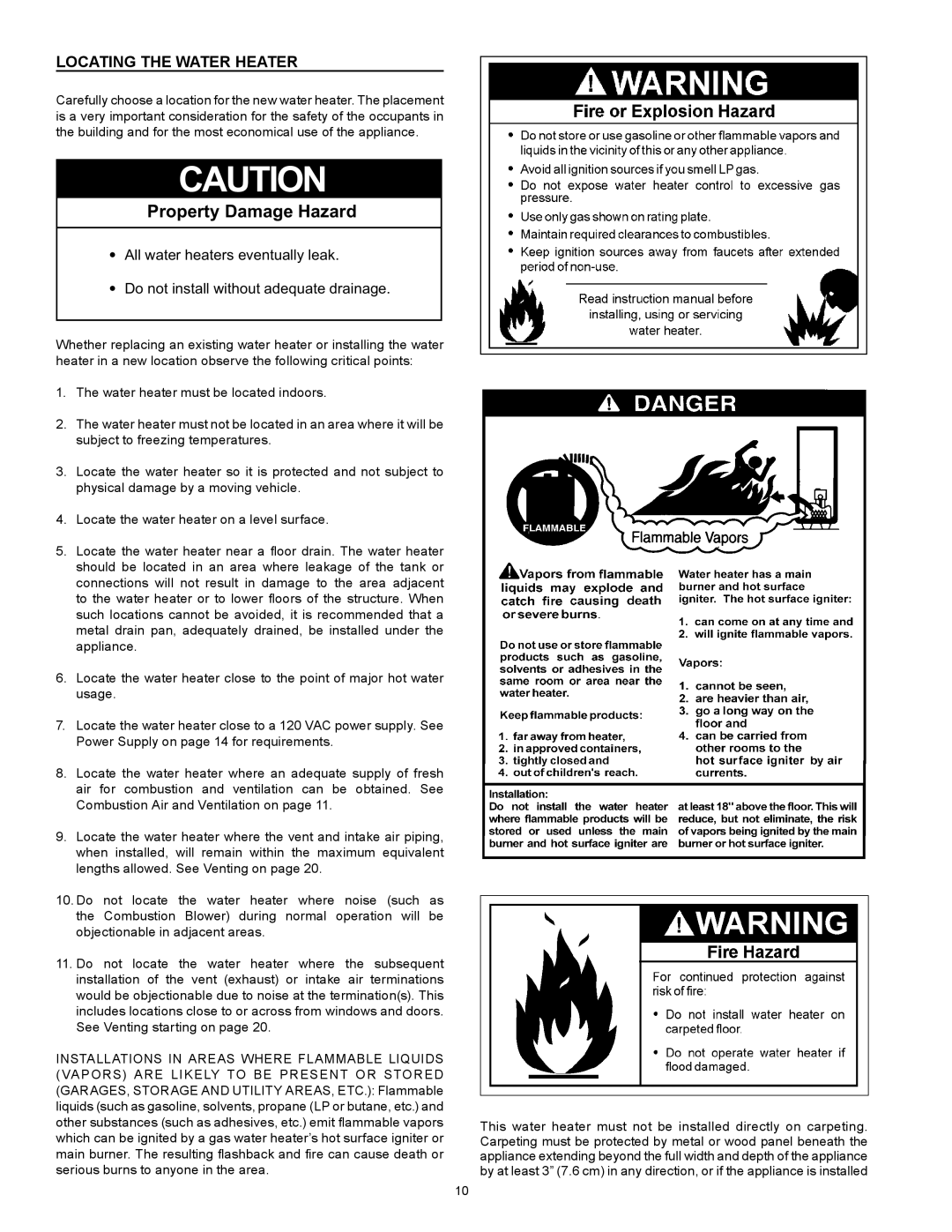 American Water Heater VG6250T100 instruction manual Property Damage Hazard, Locating The Water Heater 
