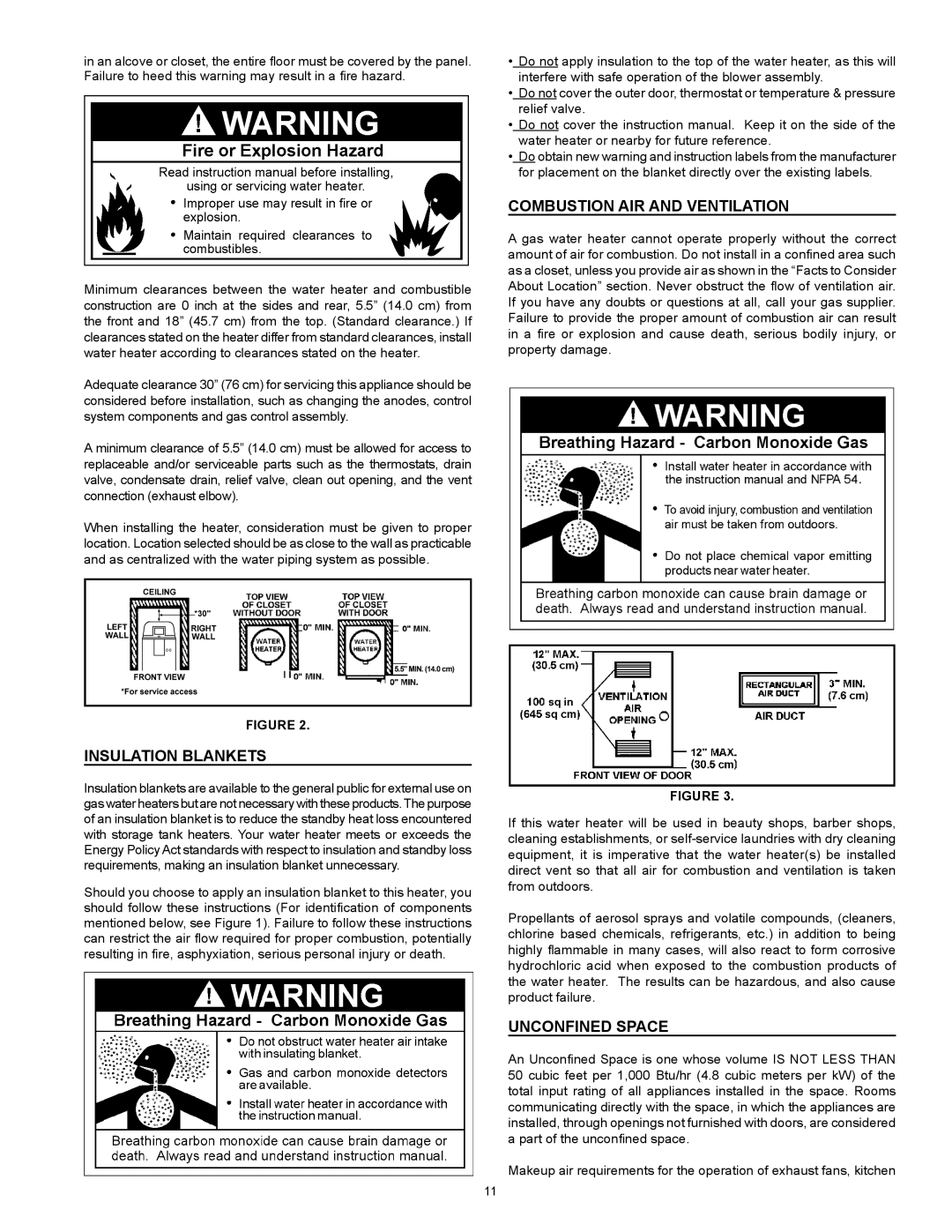 American Water Heater VG6250T100 instruction manual Combustion Air and Ventilation, Insulation Blankets, Unconfined Space 