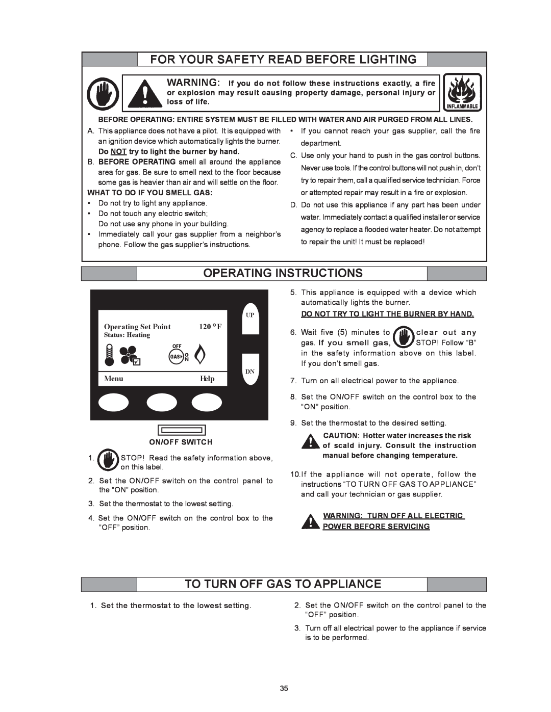 American Water Heater VG6250T100 For Your Safety Read Before Lighting, Operating Instructions, Operating Set Point, Menu 