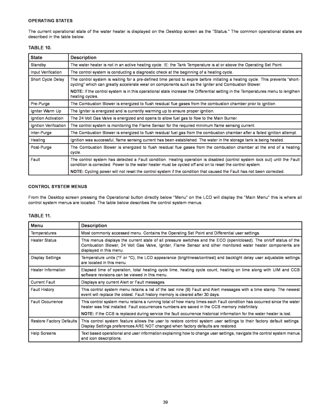 American Water Heater VG6250T100 instruction manual Description, Operating States, Control System Menus 