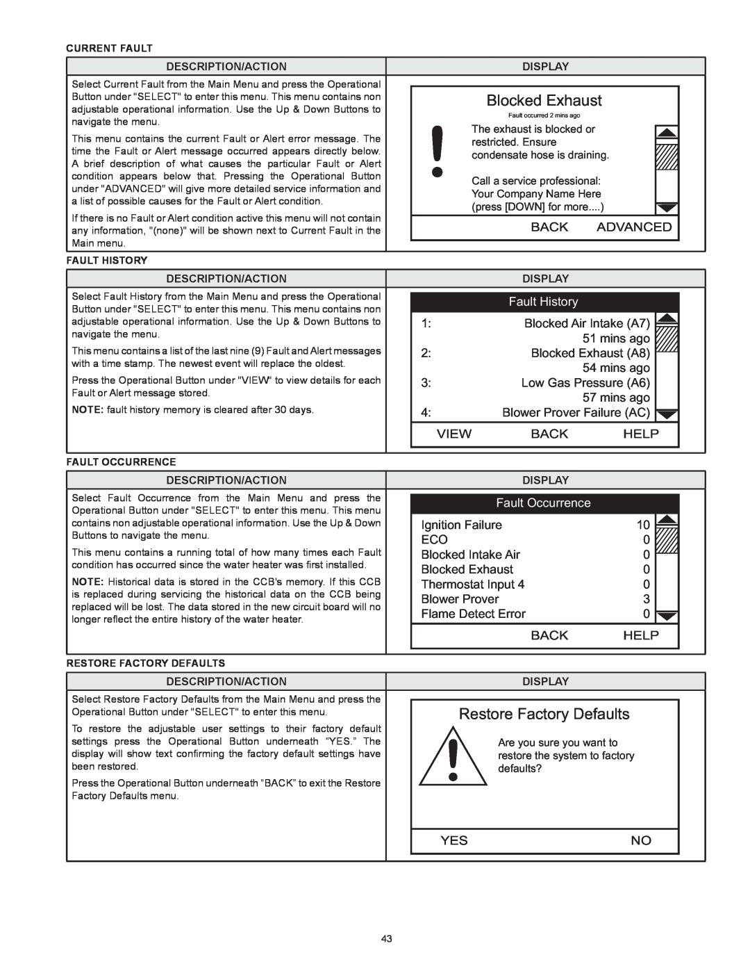 American Water Heater VG6250T100 Fault History, Fault Occurrence, Blocked Exhaust, Restore Factory Defaults, Change 