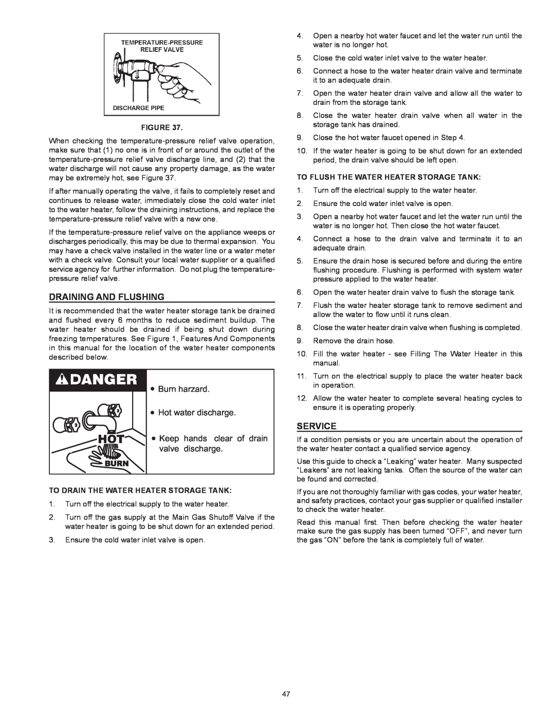 American Water Heater VG6250T100 instruction manual Draining and Flushing, Service, Burn harzard Hot water discharge 