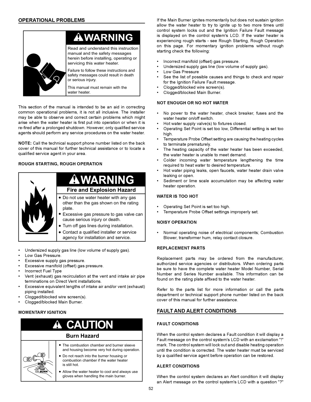 American Water Heater VG6250T100 Burn Hazard, Operational Problems, Fault and Alert Conditions, Fire and Explosion Hazard 