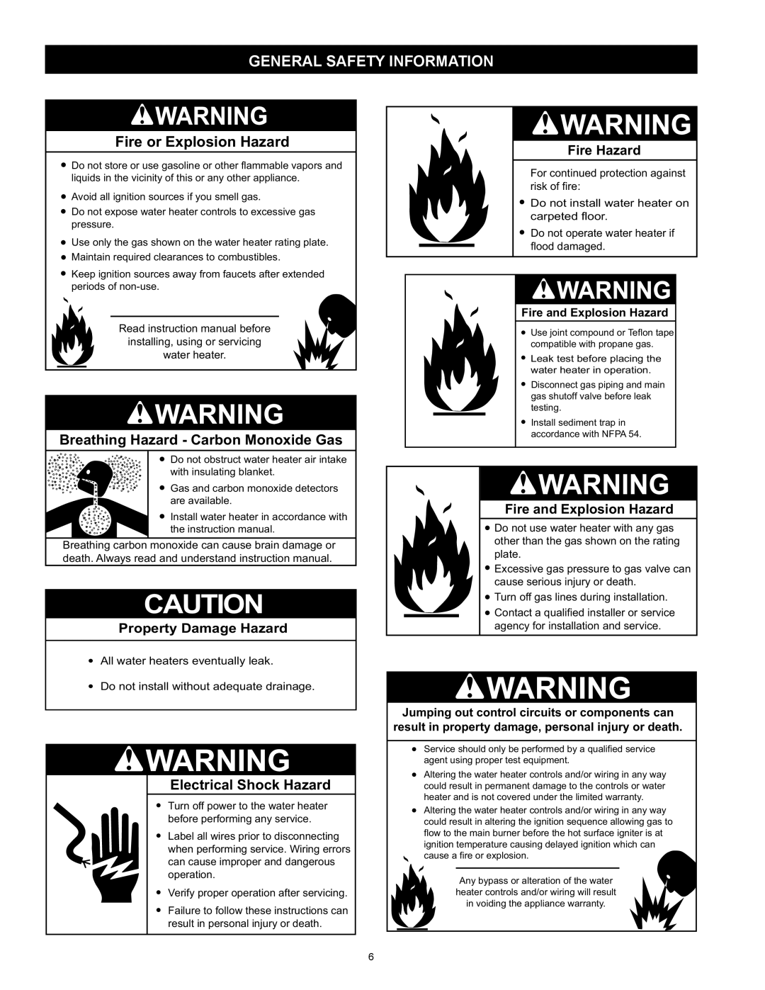 American Water Heater VG6250T100 General Safety Information, Fire or Explosion Hazard, Electrical Shock Hazard 