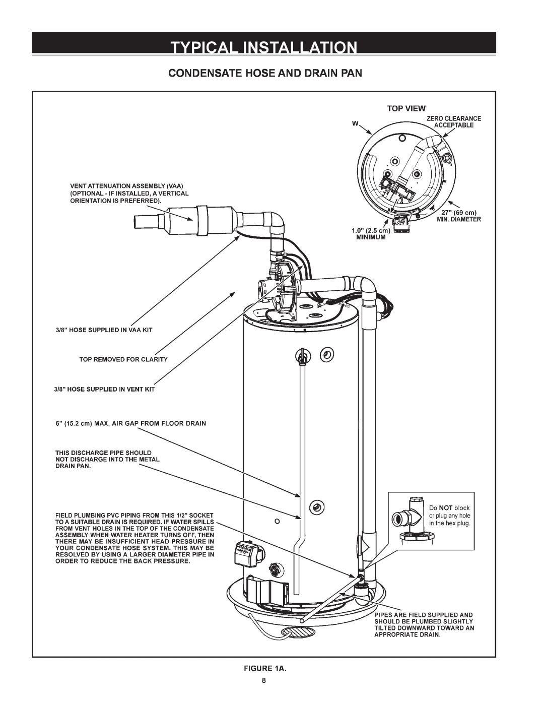 American Water Heater VG6250T76NV Series 100 instruction manual Condensate Hose And Drain Pan, Typical Installation 