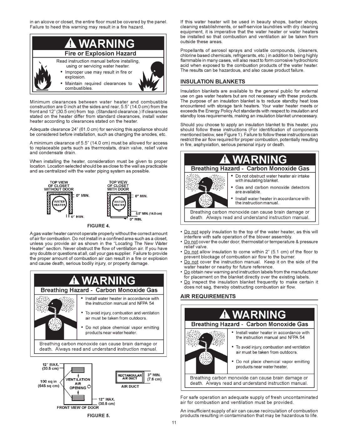 American Water Heater VG6250T76NV Series 100, vG6250t76nv instruction manual Insulation Blankets, Air REQUIREMENTs 