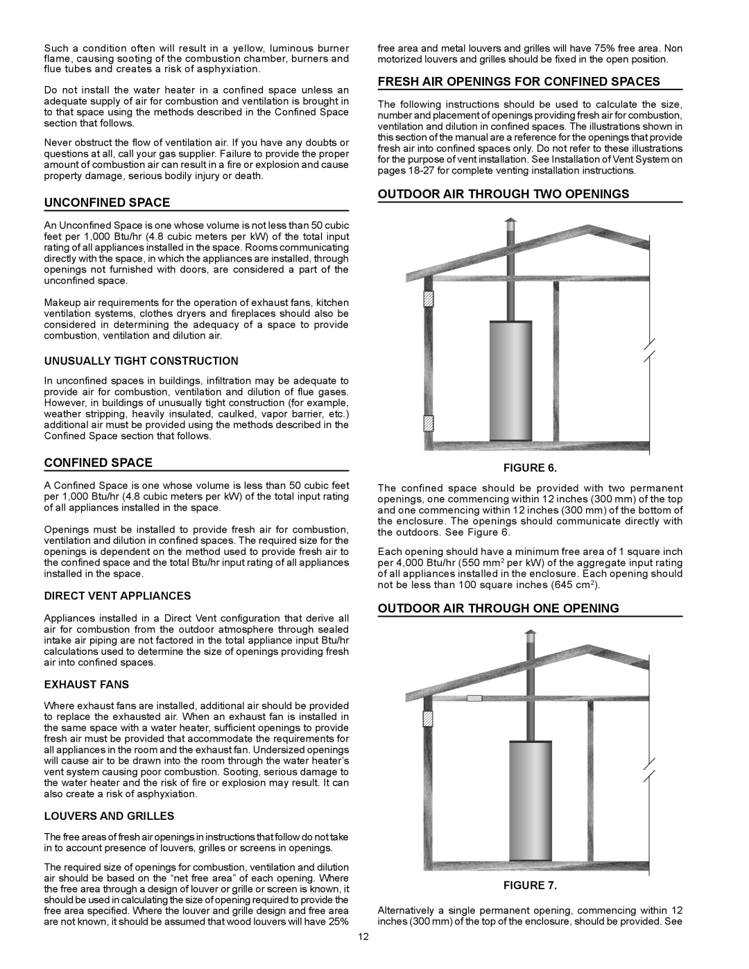 American Water Heater vG6250t76nv, VG6250T76NV Series 100 Unconfined Space, Fresh Air Openings For Confined Spaces 