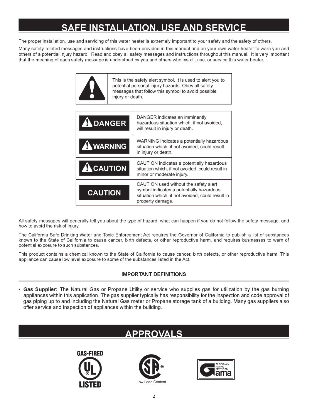 American Water Heater vG6250t76nv instruction manual Safe INSTALLATION, USE and Service, Approvals, Important Definitions 