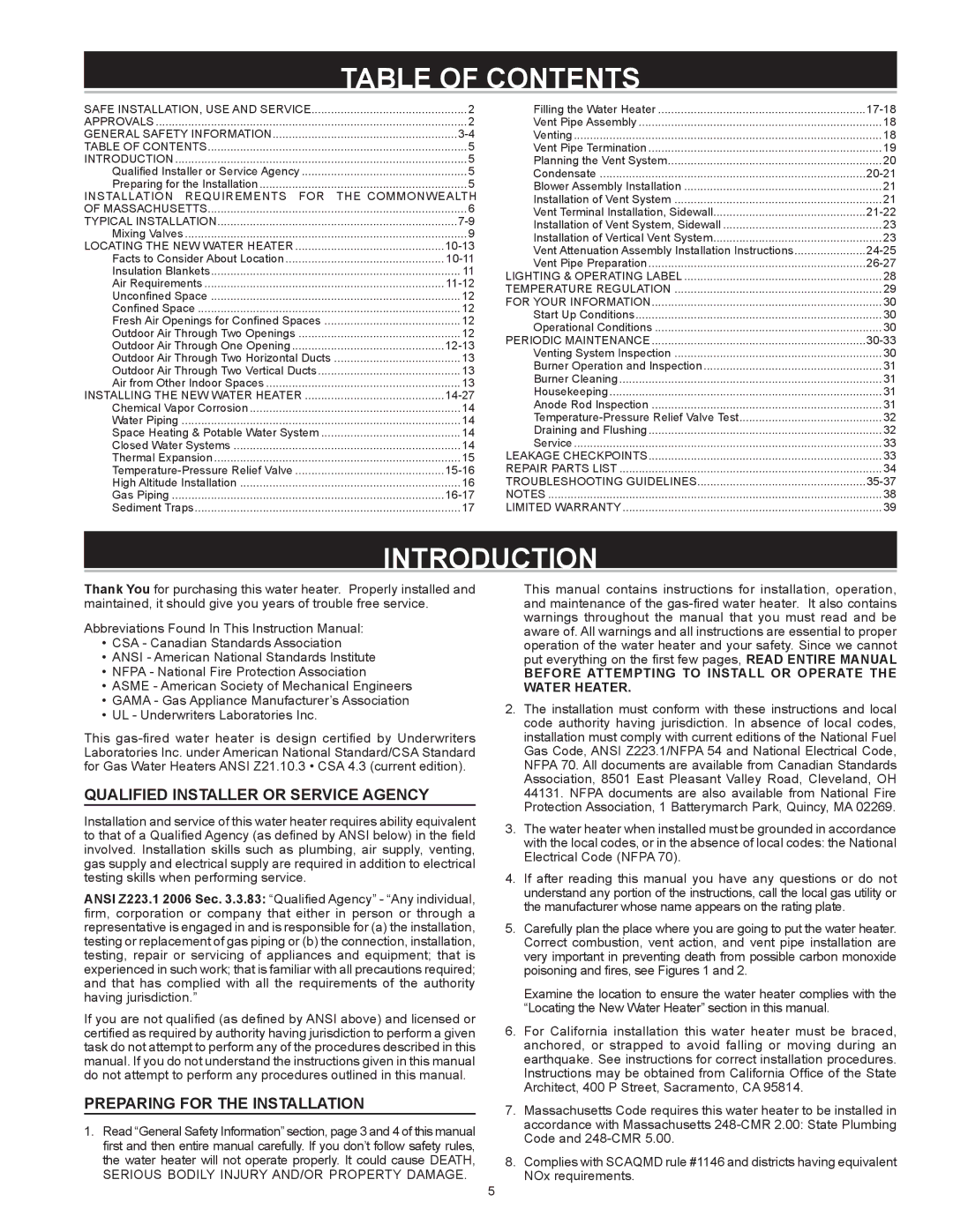 American Water Heater VG6250T76NV Series 100, vG6250t76nv instruction manual Table of Contents, Introduction 