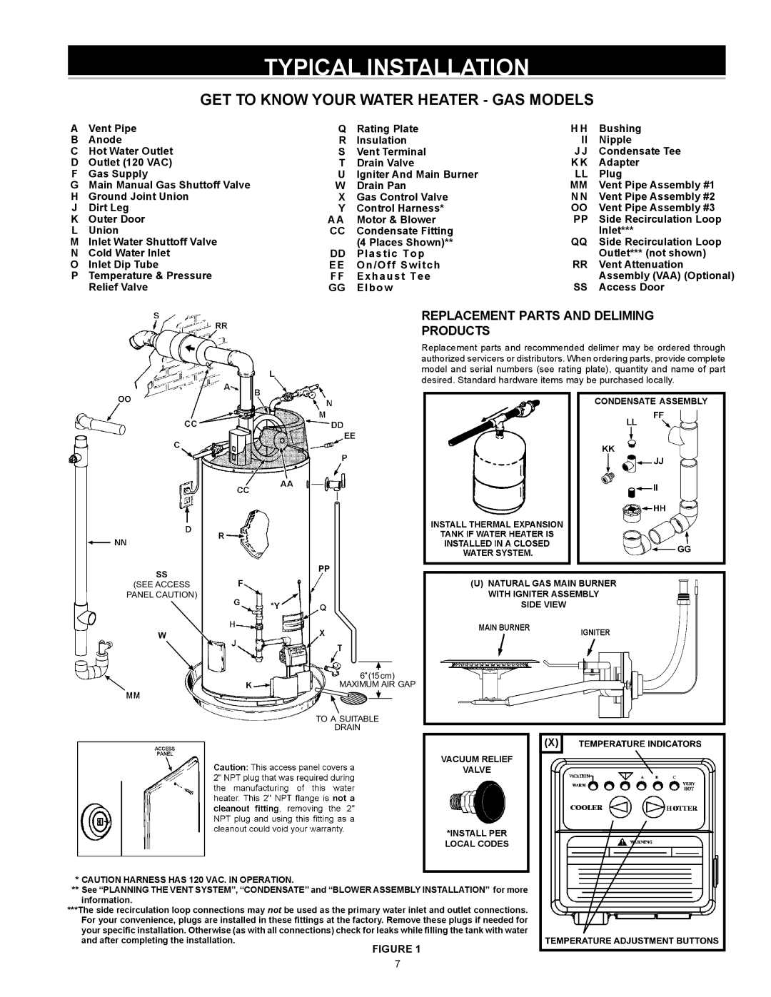 American Water Heater VG6250T76NV Series 100, vG6250t76nv Typical Installation, Replacement Parts and Deliming Products 