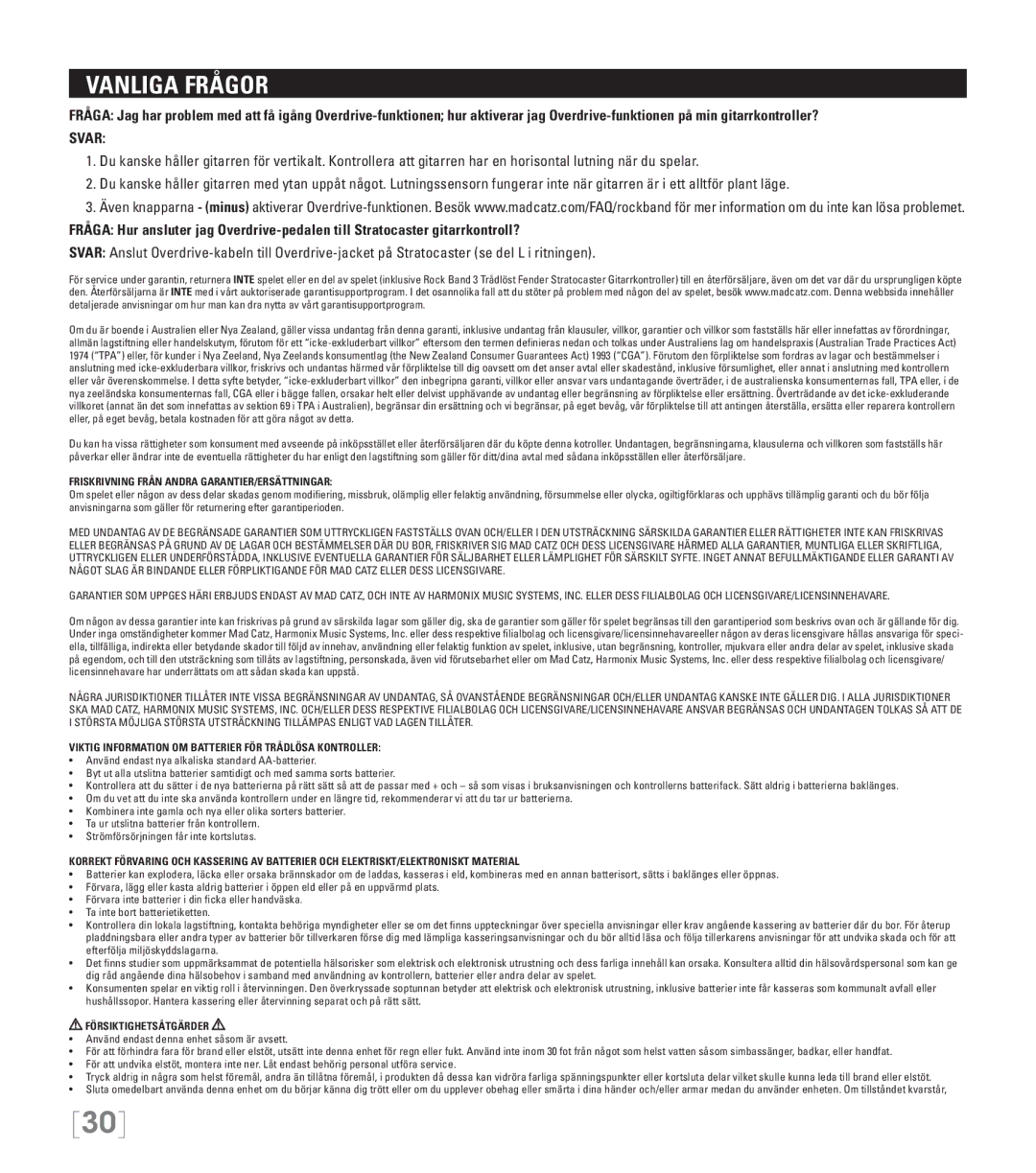 American Wireless 3 manual Vanliga Frågor, Friskrivning Från Andra GARANTIER/ERSÄTTNINGAR, Försiktighetsåtgärder 