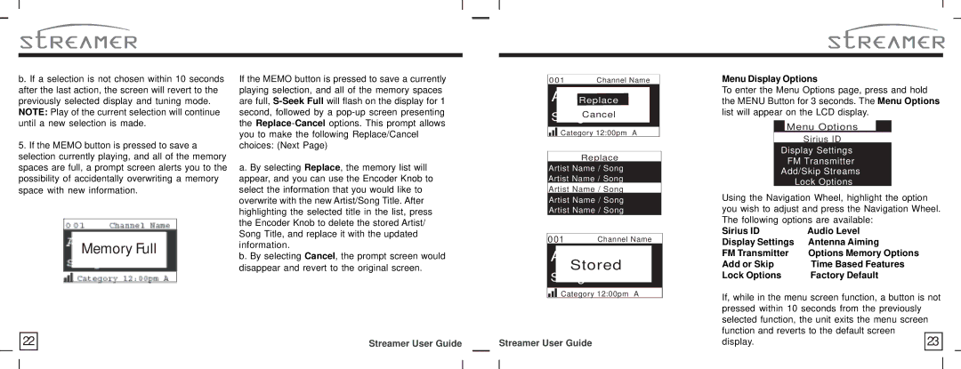 American Wireless SIR-STRPNP1 manual Memory Full, Menu Display Options 