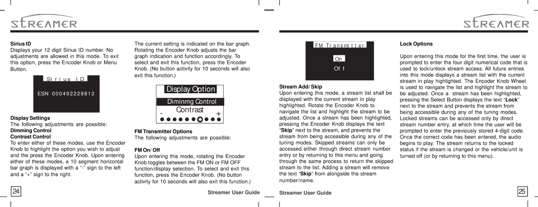 American Wireless SIR-STRPNP1 manual Sirius ID, Dimming Control Contrast Control, FM Transmitter Options, FM On/ Off 