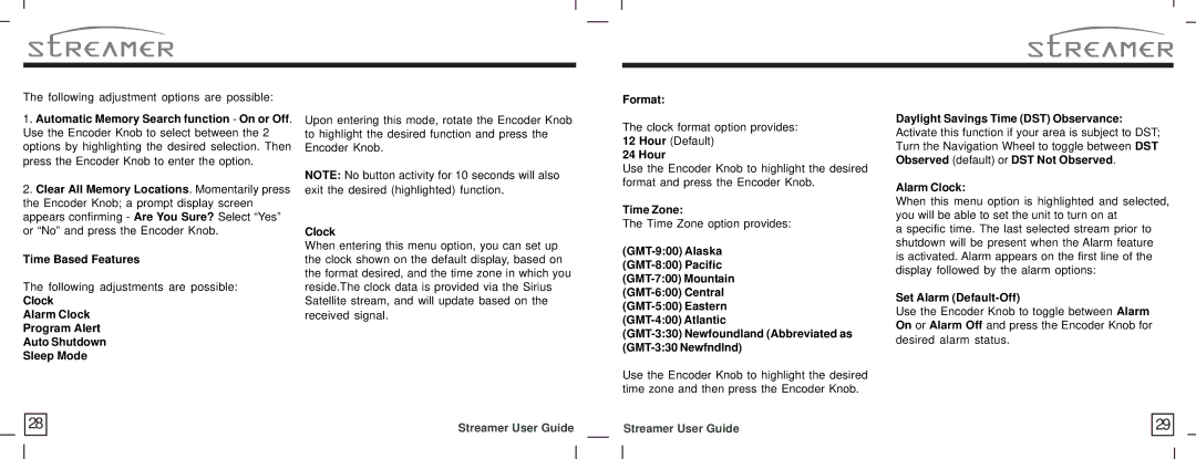 American Wireless SIR-STRPNP1 manual Clock Alarm Clock Program Alert Auto Shutdown Sleep Mode, Format, Hour, Time Zone 