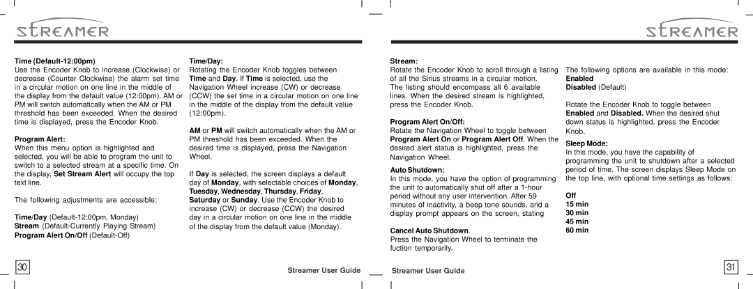 American Wireless SIR-STRPNP1 Time Default-1200pm, Program Alert On/Off Default-Off Time/Day, Stream, Cancel Auto Shutdown 