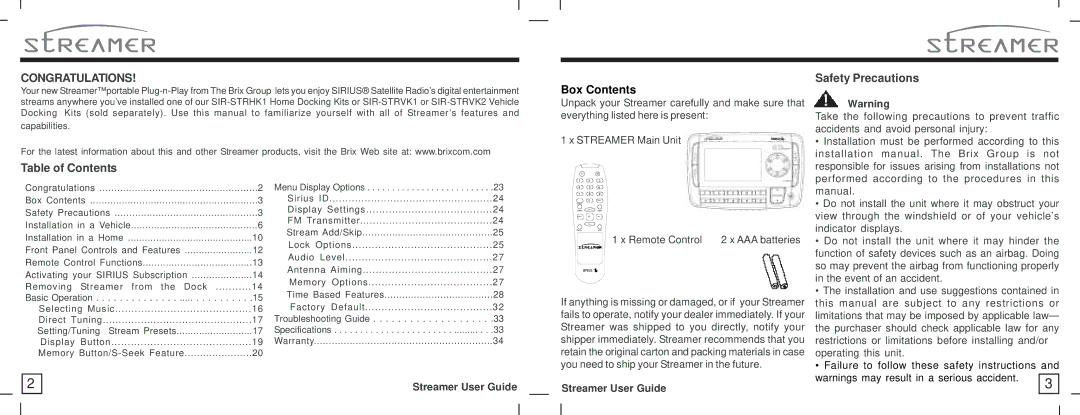 American Wireless SIR-STRPNP1 manual Table of Contents, Safety Precautions 