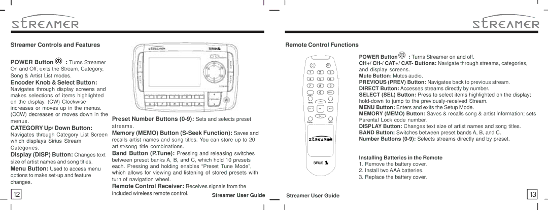 American Wireless SIR-STRPNP1 manual Streamer Controls and Features Remote Control Functions, Encoder Knob & Select Button 