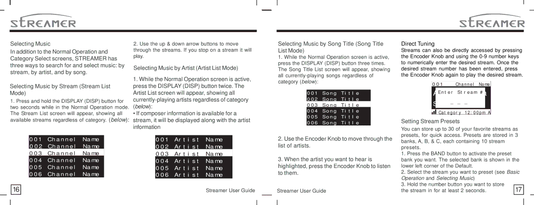 American Wireless SIR-STRPNP1 Selecting Music by Stream Stream List Mode, Selecting Music by Artist Artist List Mode 