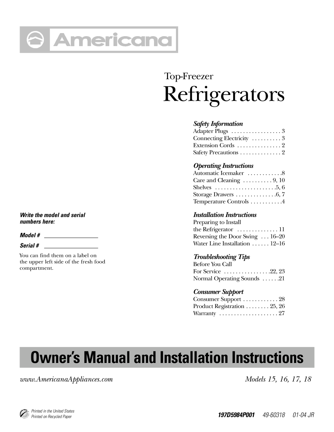 Americana Appliances 15 installation instructions Refrigerators 