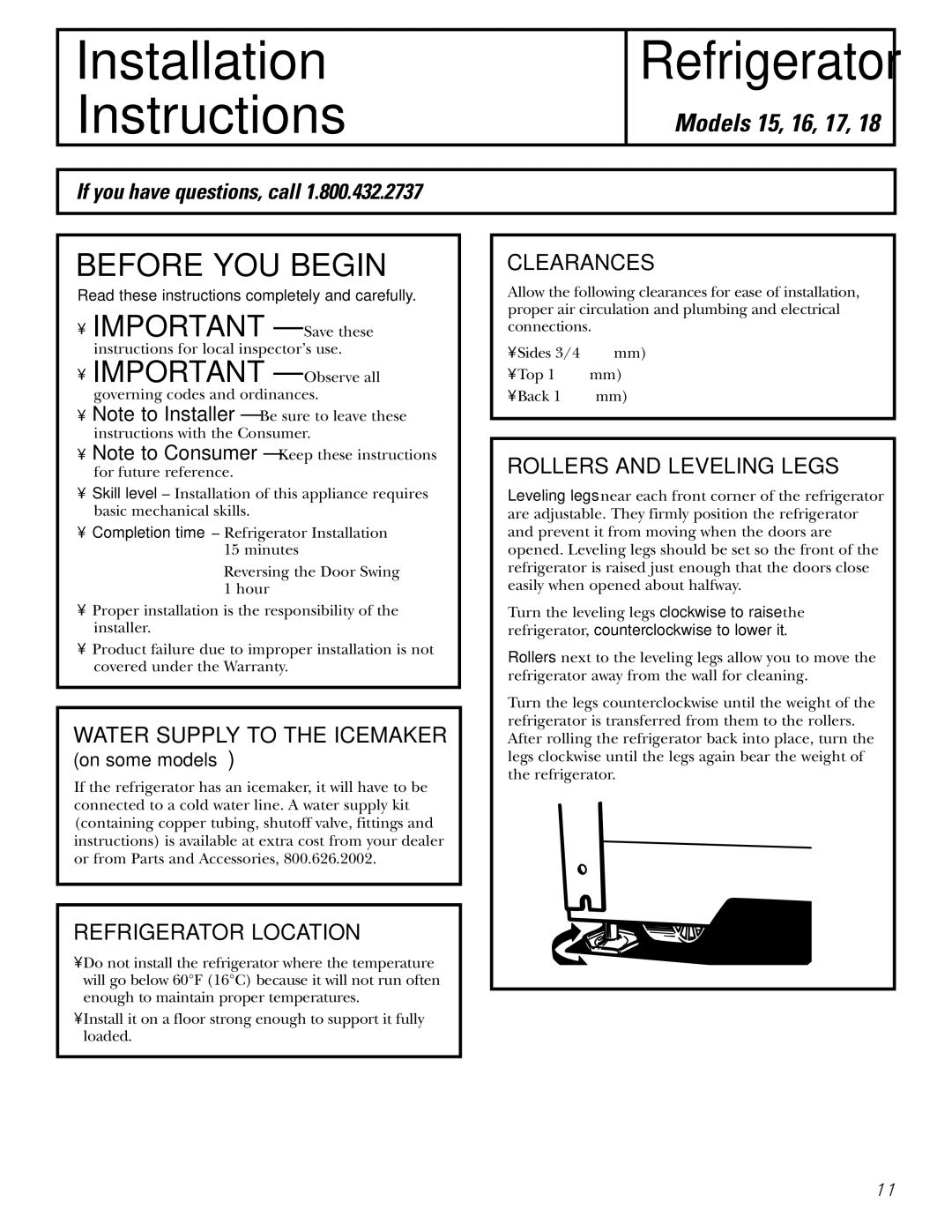 Americana Appliances 15 installation instructions Refrigerator Location, Clearances, Rollers and Leveling Legs 