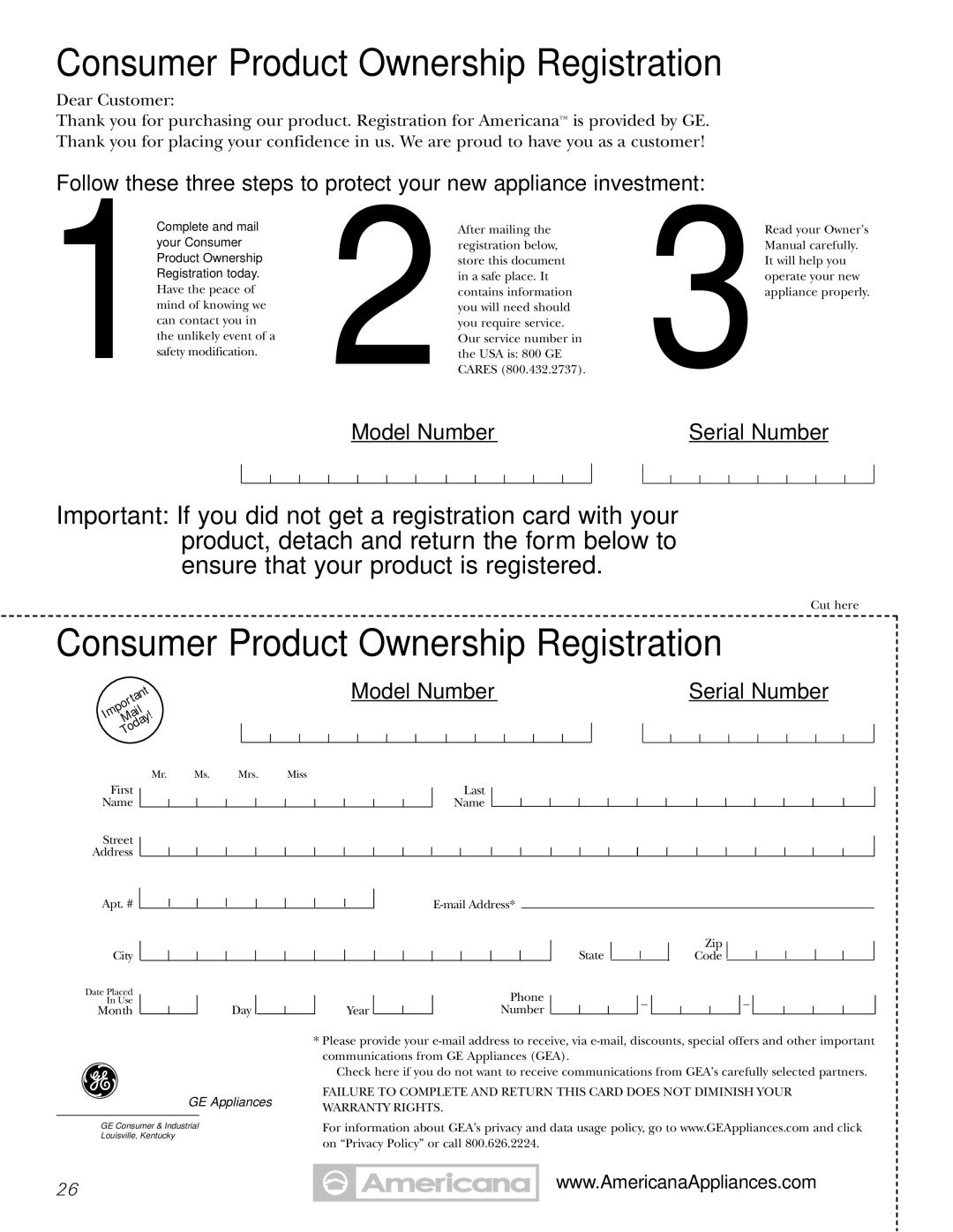 Americana Appliances 15 installation instructions Consumer Product Ownership Registration 