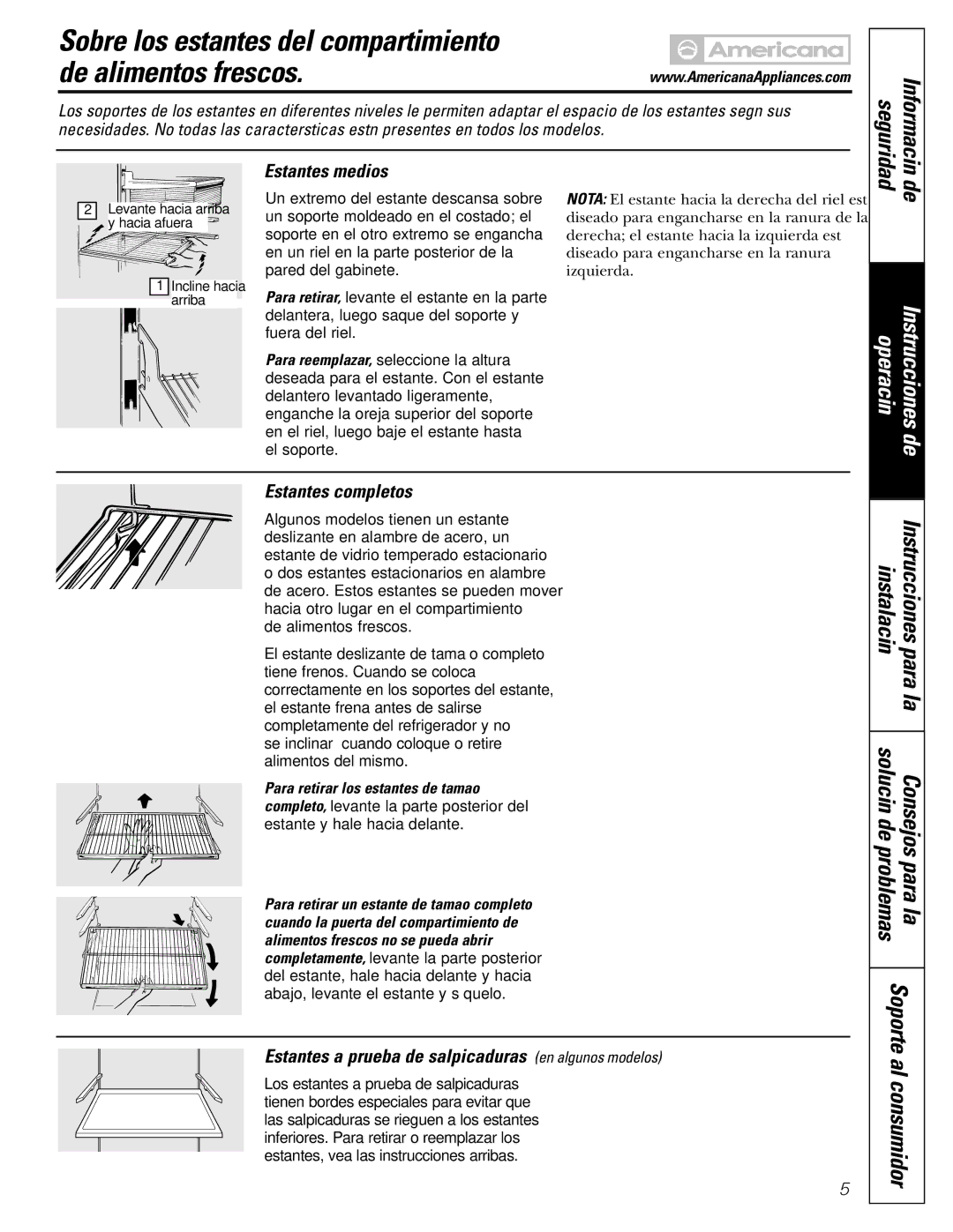 Americana Appliances 15 Sobre los estantes del compartimiento De alimentos frescos, Seguridad Información 