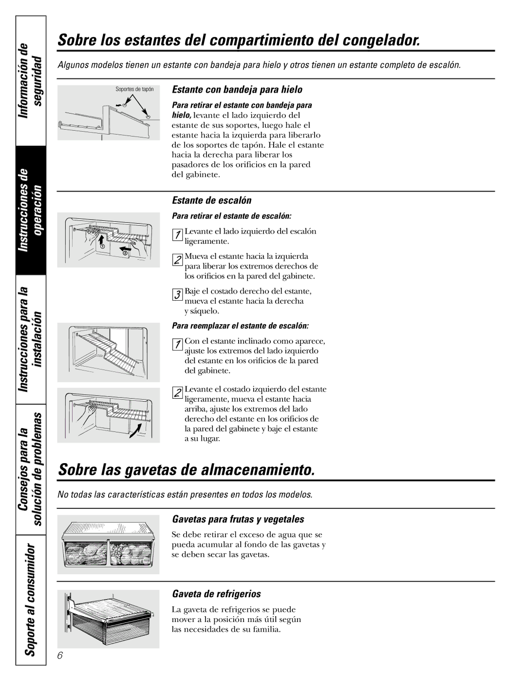 Americana Appliances 15 Sobre los estantes del compartimiento del congelador, Sobre las gavetas de almacenamiento 