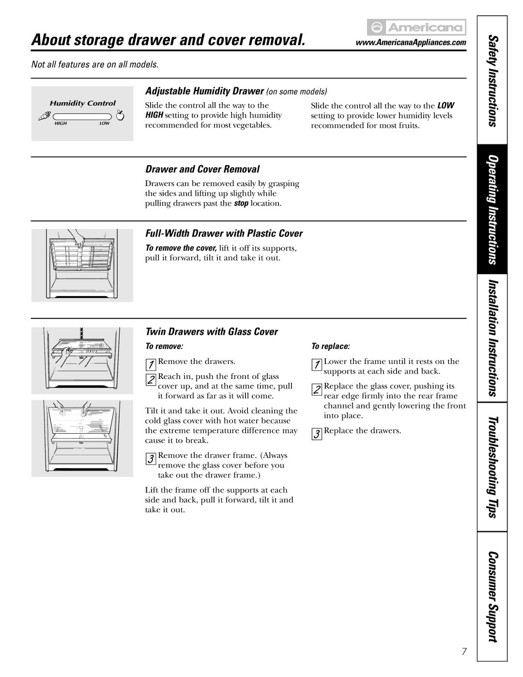 Americana Appliances 15 About storage drawer and cover removal, Adjustable Humidity Drawer on some models 