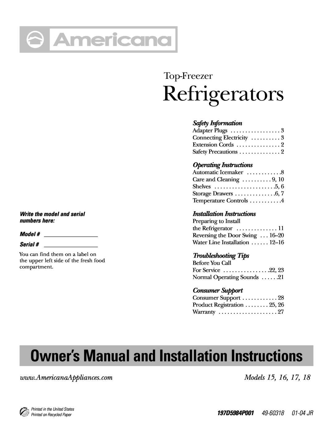 Americana Appliances installation instructions Refrigerators, Top-Freezer, Models 15, 16, 17, Safety Information 