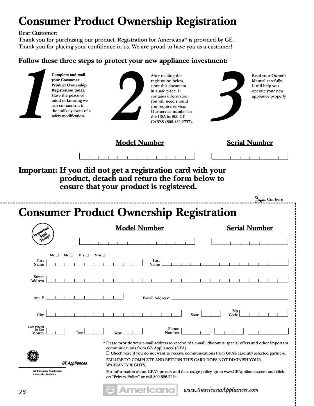 Americana Appliances 15 Model Number, Serial Number, Dear Customer, Consumer Product Ownership Registration, your Consumer 