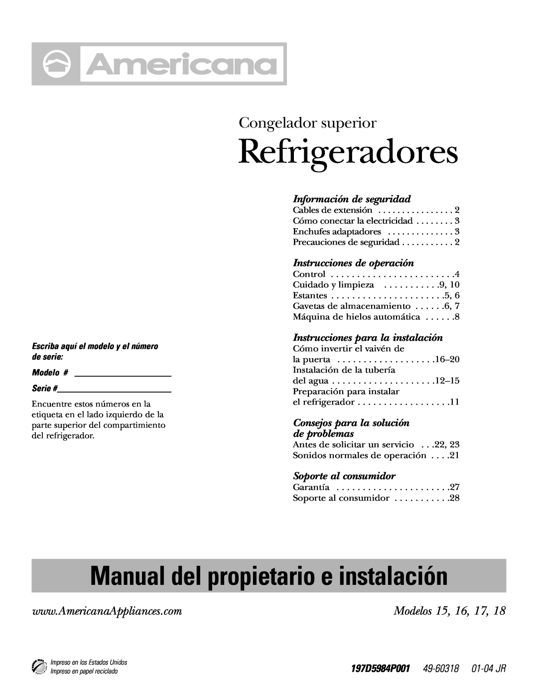Americana Appliances Refrigeradores, Congelador superior, Modelos 15, 16, 17, Manual del propietario e instalación 