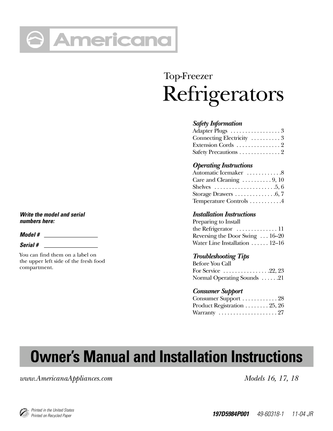 Americana Appliances 17, 18, 16 installation instructions Refrigerators 